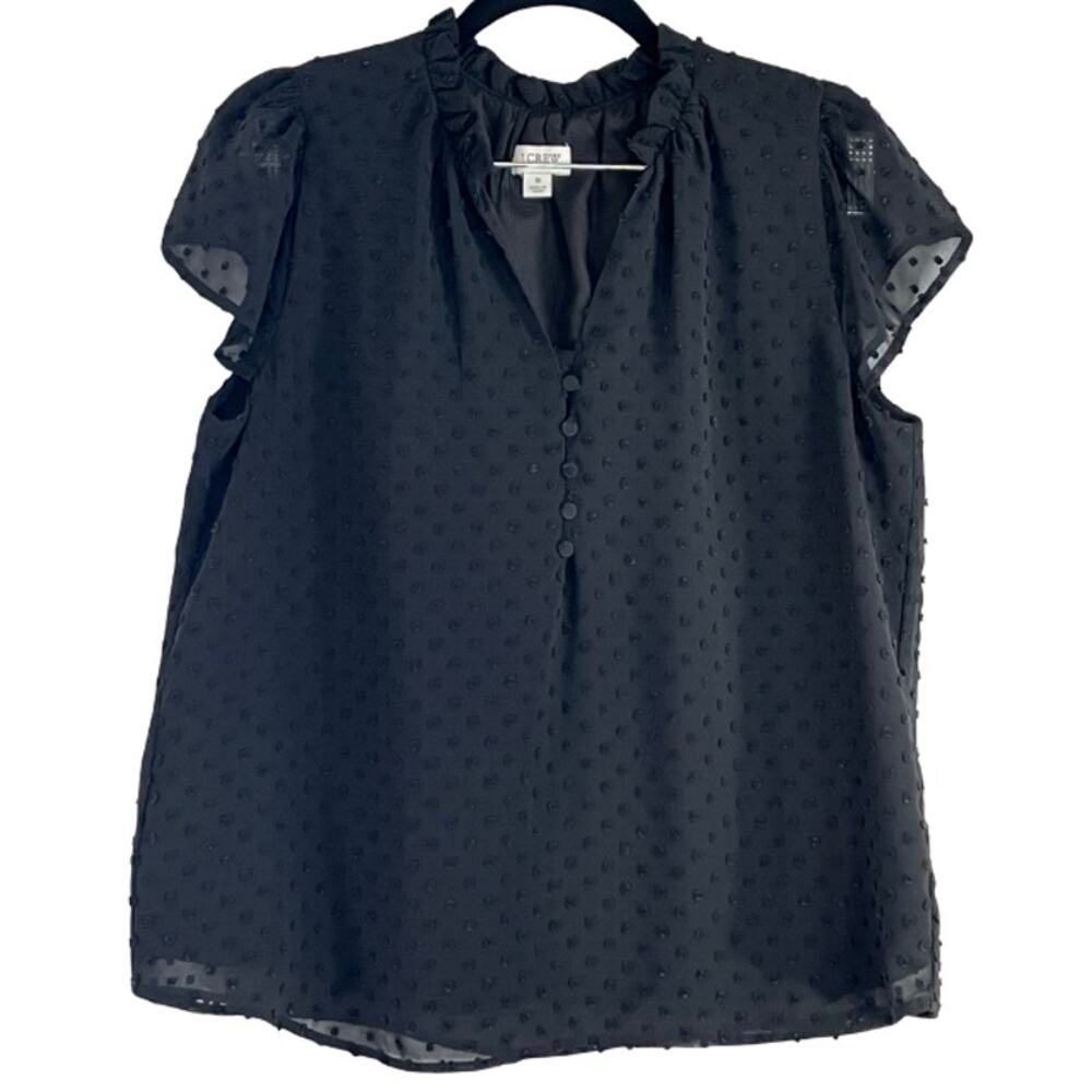 J.Crew Black Button V-Neck Lined Sheer Raised Dot Cap Sleeve Blouse Size S